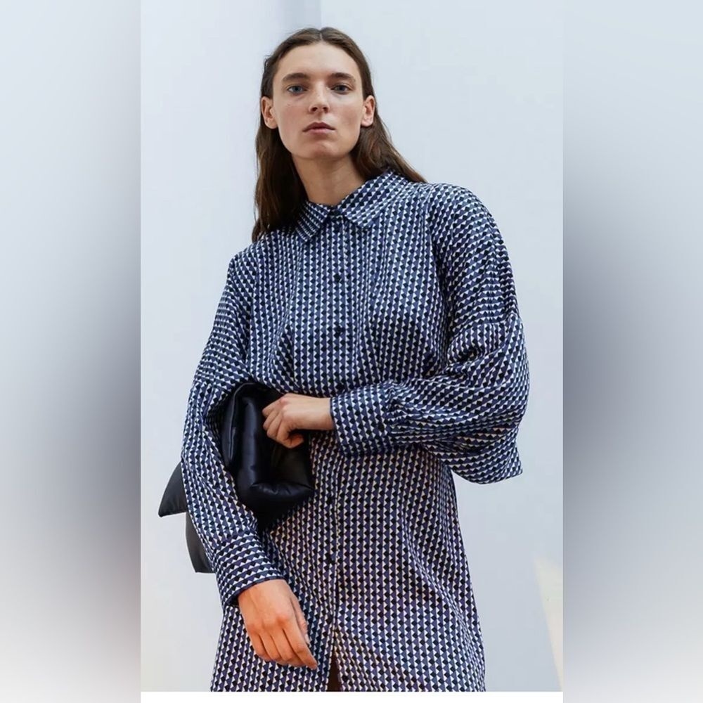 H&M Satin NWT womens geometric pattern shirt dress Size XL - Picture 1 of 13